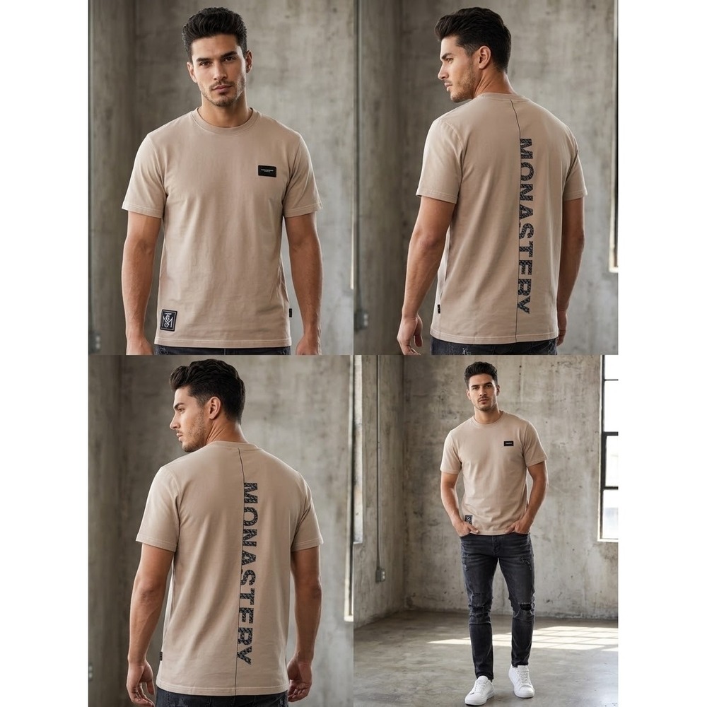 Monastery Couture Mens XXL Tan Beige Pima Cotton Back Logo Graphic T-Shirt